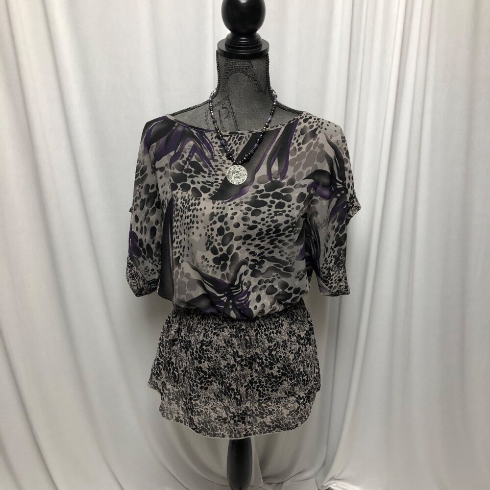 Miley Cyrus Max Azria Top Womens Size Medium Black Purple Sheer Animal Print